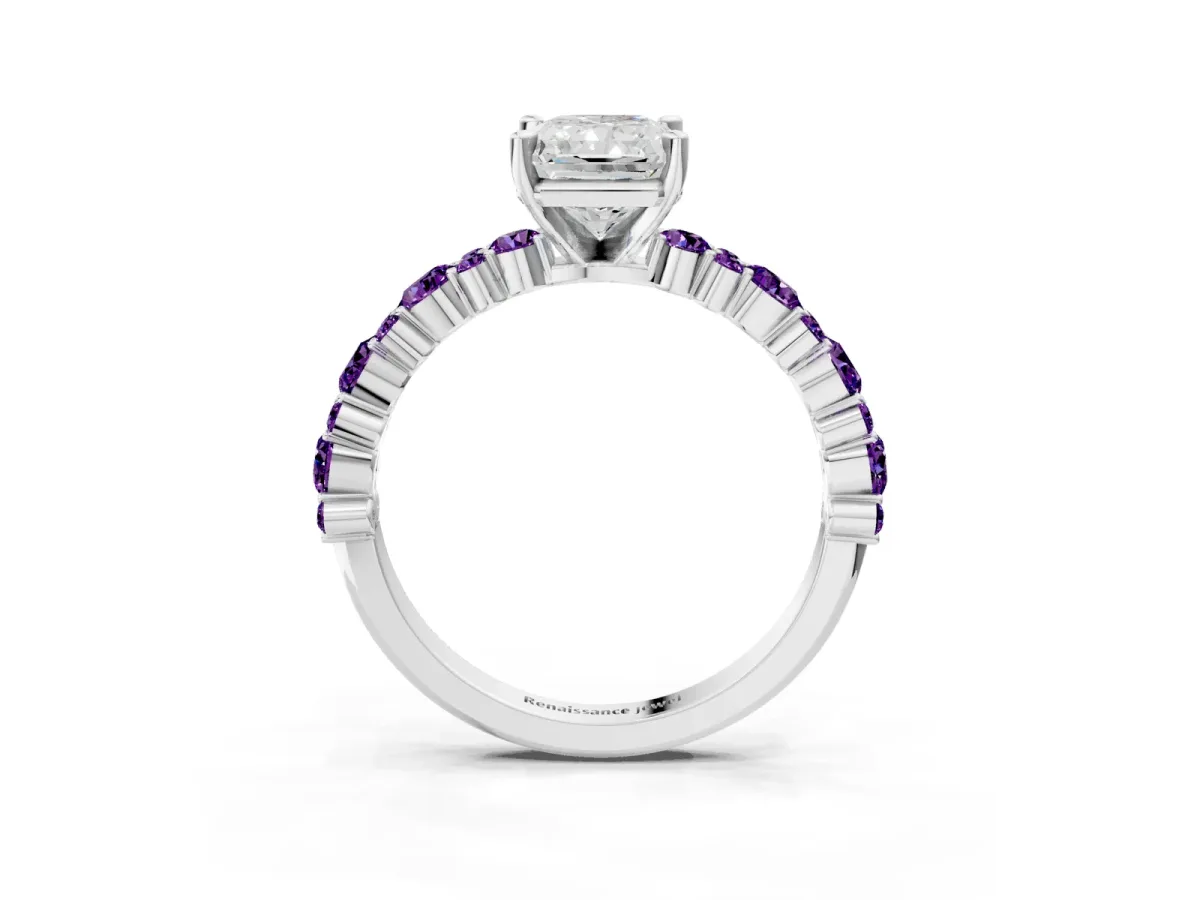 Radiant Cut Diamond Side Stone Solitaire Ring with Round Amethyst and Four-Prong Setting Platinum