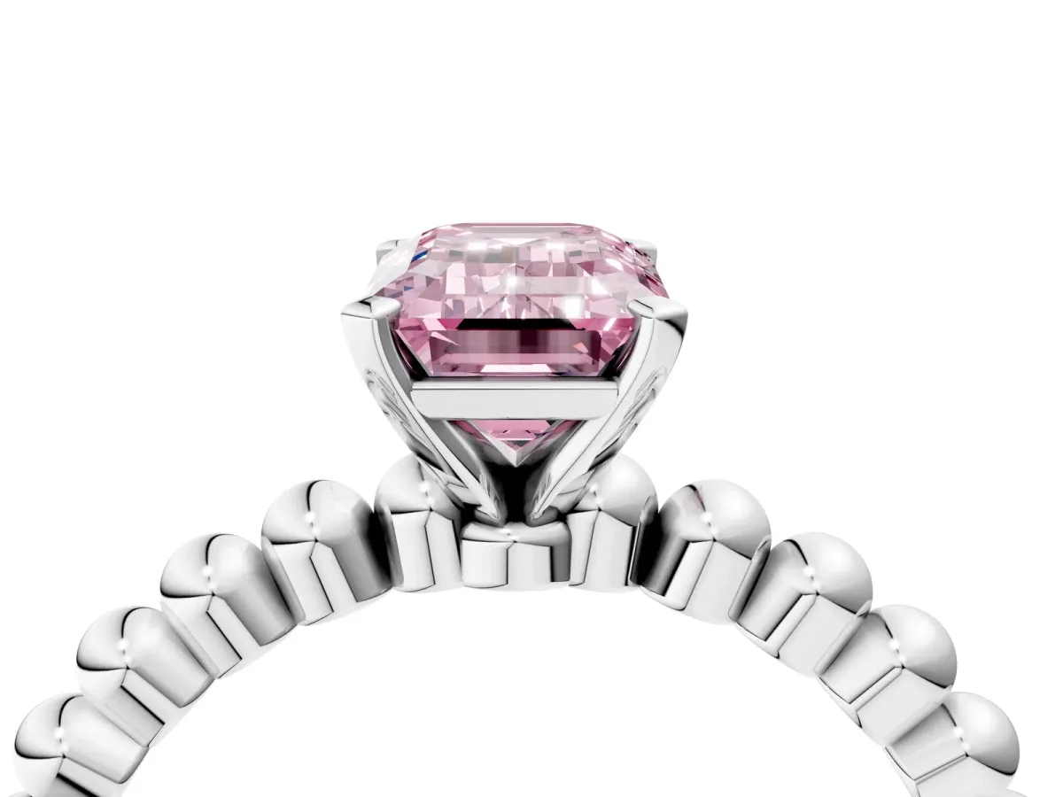 Fancy Pink Emerald Cut Diamond Solitaire Ring with Beaded Band and Prong Setting Silver