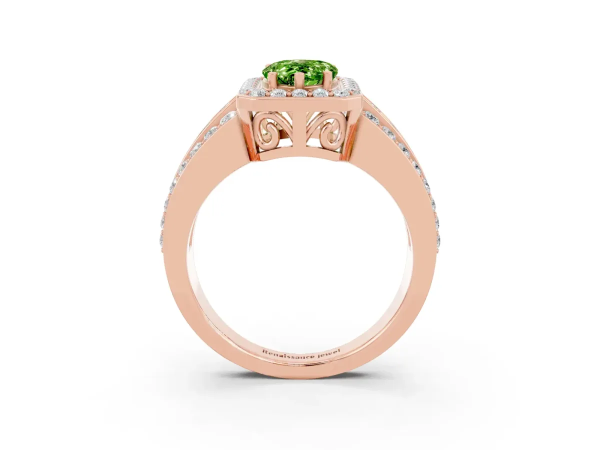Pear Cut Halo Peridot Ring with Round Split Shank and Prong Setting Rose gold
