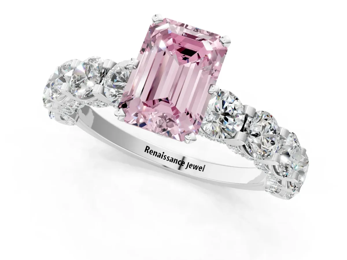 Fancy Pink Emerald Cut Diamond Side Stone Engagement Ring with Four-Prong Setting Silver