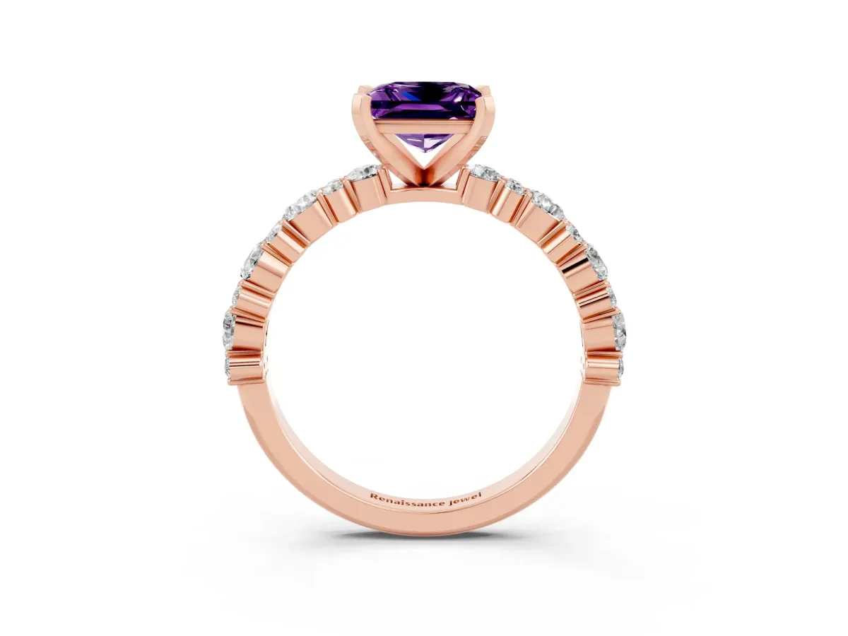 Princess Cut Amethyst Side Stone Solitaire Ring with Round and Four-Prong Setting Rose gold