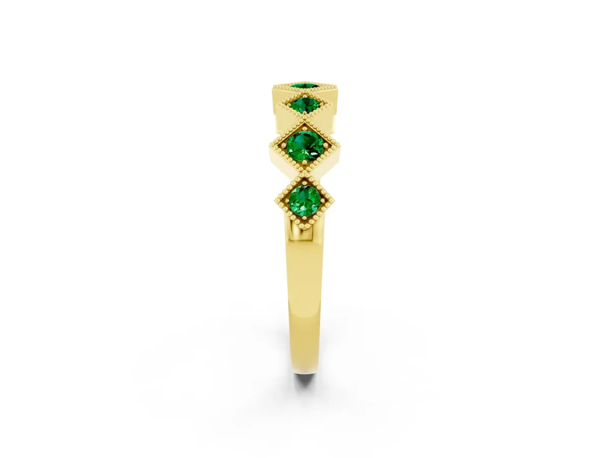 Milgrain Square Bezel Round Emerald Chevron Band Yellow gold