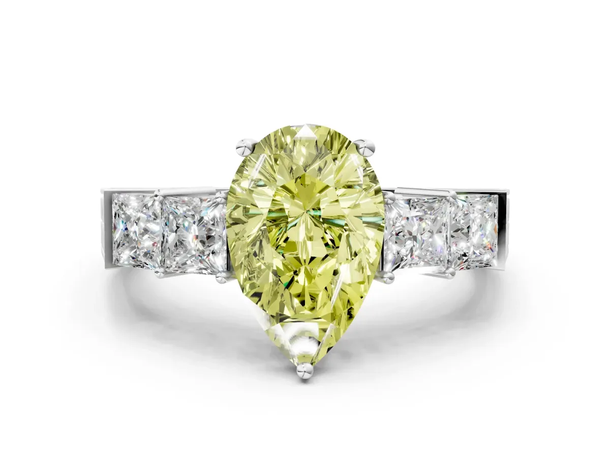 Fancy Yellow Pear Cut Solitaire Princess Side Stone Engraved Band Prong Setting Ring Silver