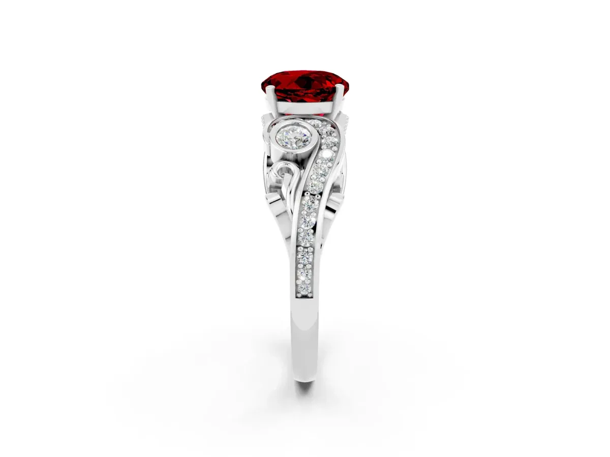 Round Cut Ruby Solitaire Ring with Milgrain Pavé Band and Four-Prong Setting Silver
