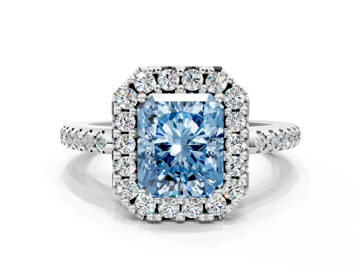 Fancy Blue Radiant Cut Diamond Pavé Halo Ring with Four-Prong Setting Platinum