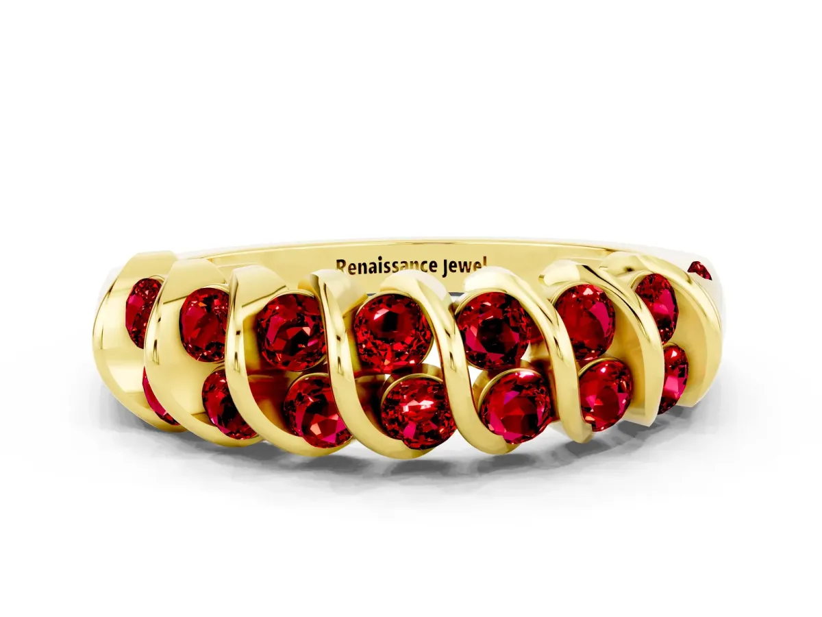Channel Set Round Ruby Multi-Row Band Yellow gold