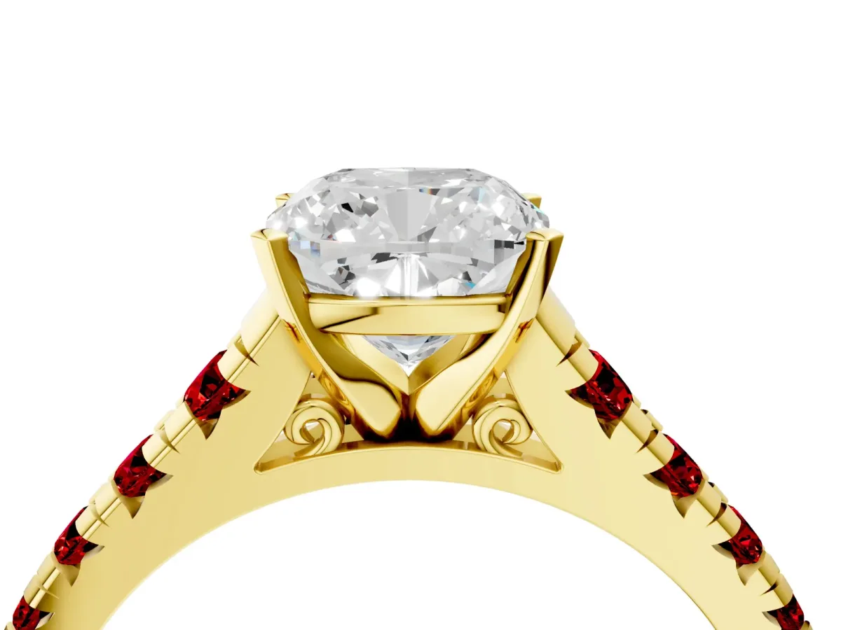 Cushion Cut Diamond Cathedral Solitaire Ring with Round Ruby Pavé Band Yellow gold