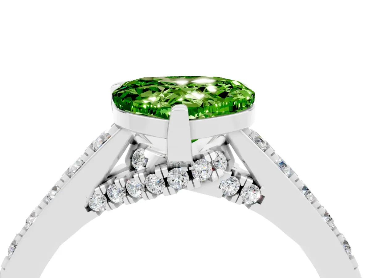 Heart Cut Peridot Solitaire Ring with Crossover Gallery and Round Pavé Band Silver