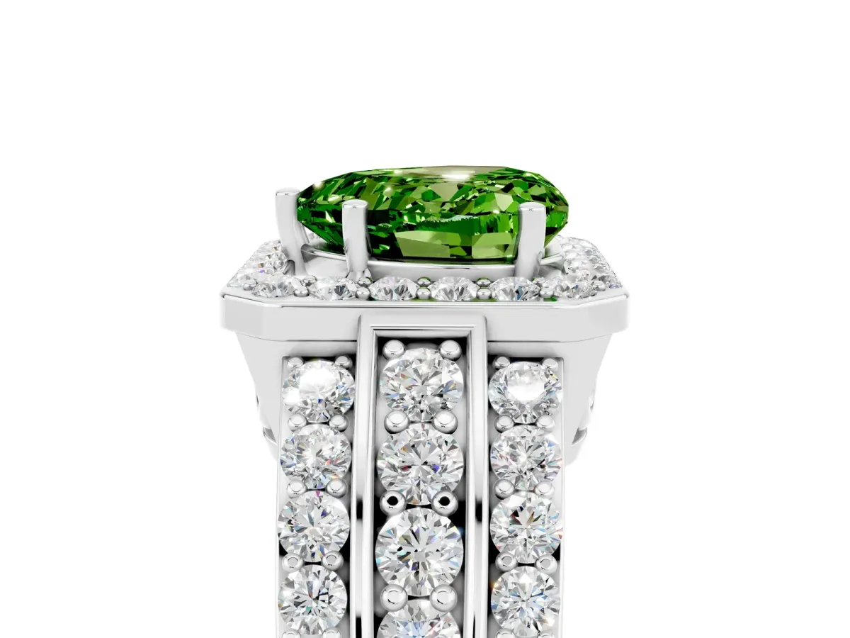 Heart Cut Halo Peridot Ring with Round Split Shank and Prong Setting Platinum