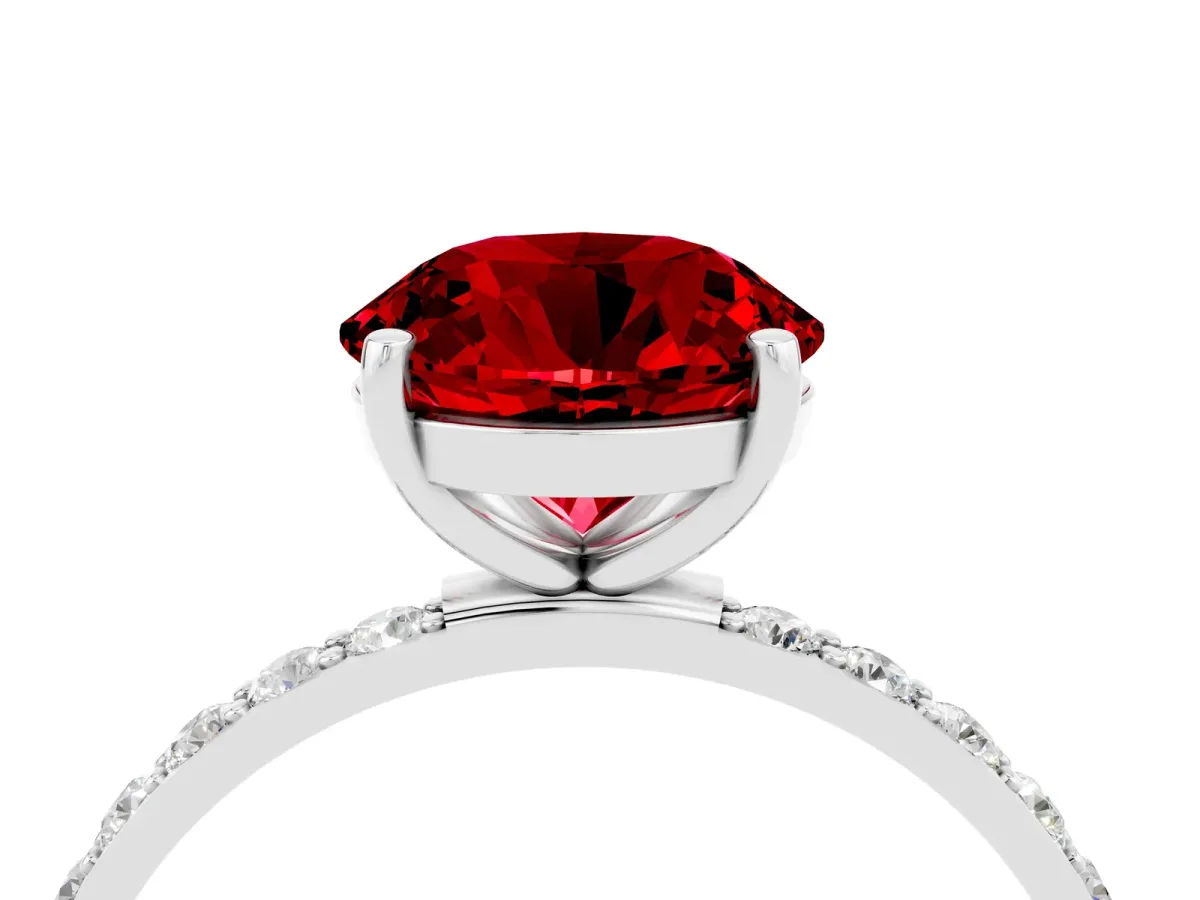 Round Cut Ruby Solitaire Ring with Round Pavé Band and Prong Setting Silver
