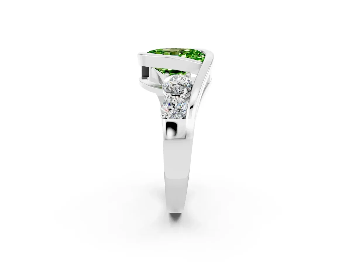 Bezel Set Oval Cut Peridot Bypass Ring with Round Accents Platinum