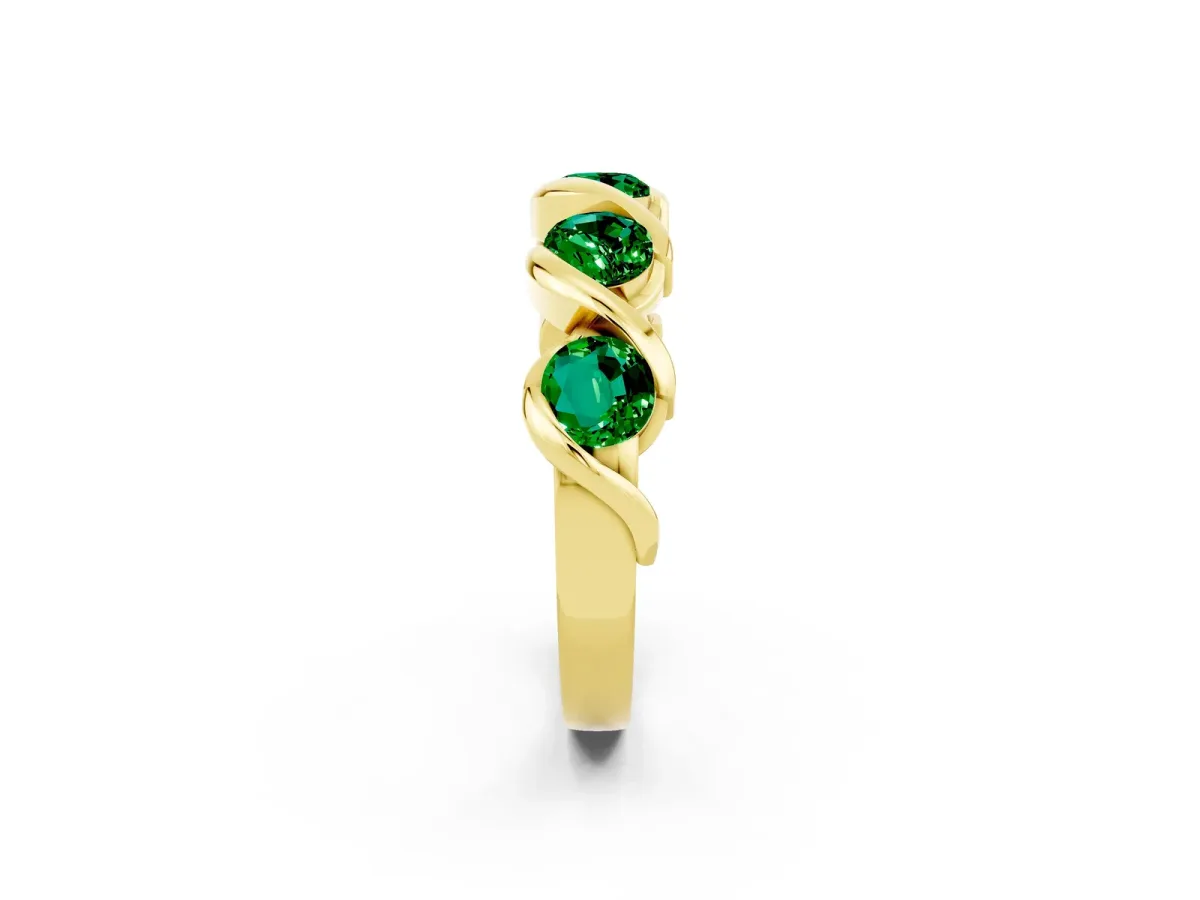 Round Emerald Wave Band with Channel Setting and Shared Prongs Yellow gold