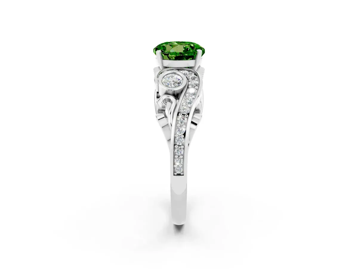 Round Cut Peridot Solitaire Ring with Milgrain Pavé Band and Four-Prong Setting Silver