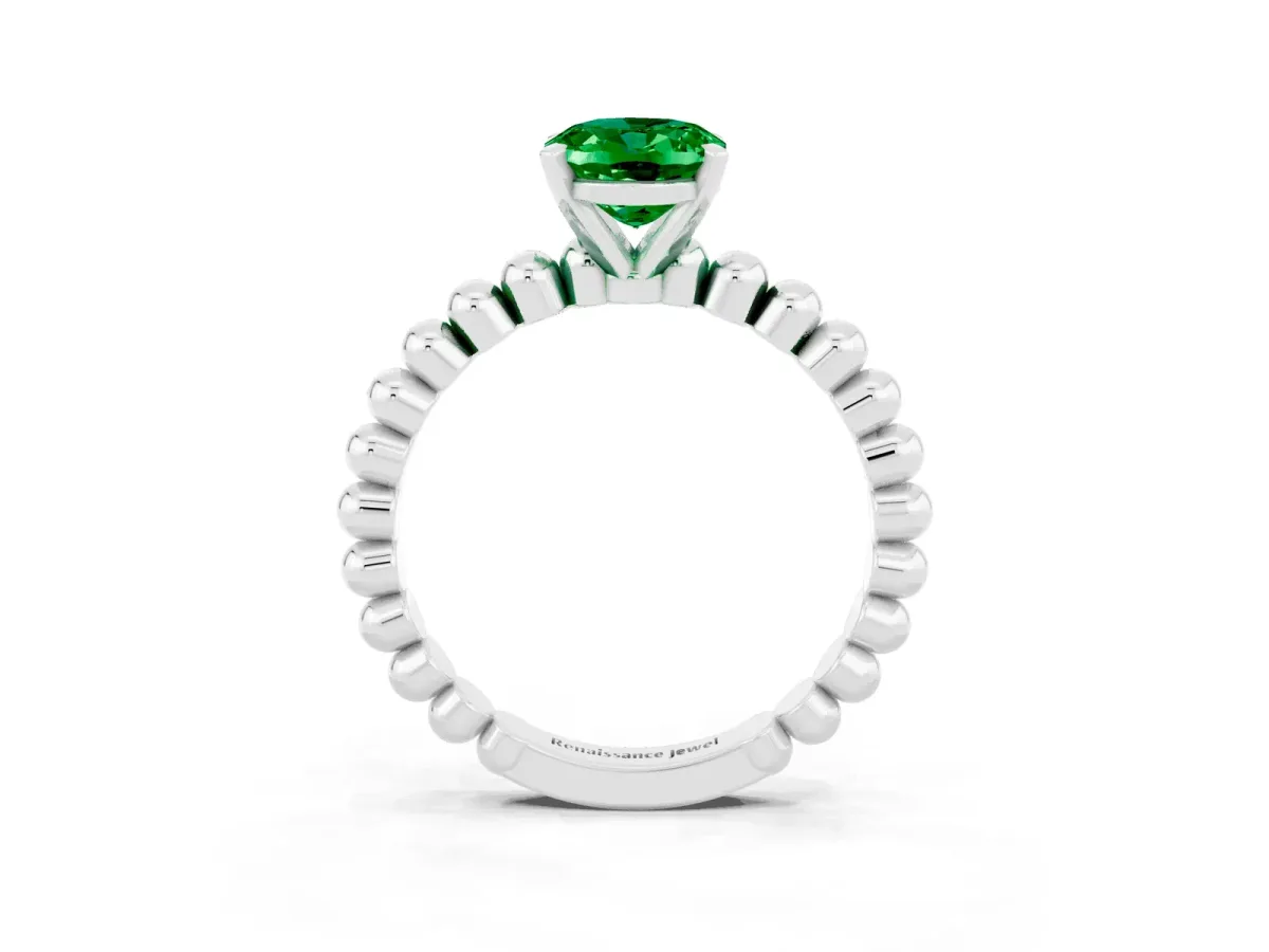 Oval Cut Emerald Solitaire Ring with Beaded Band and Prong Setting Silver