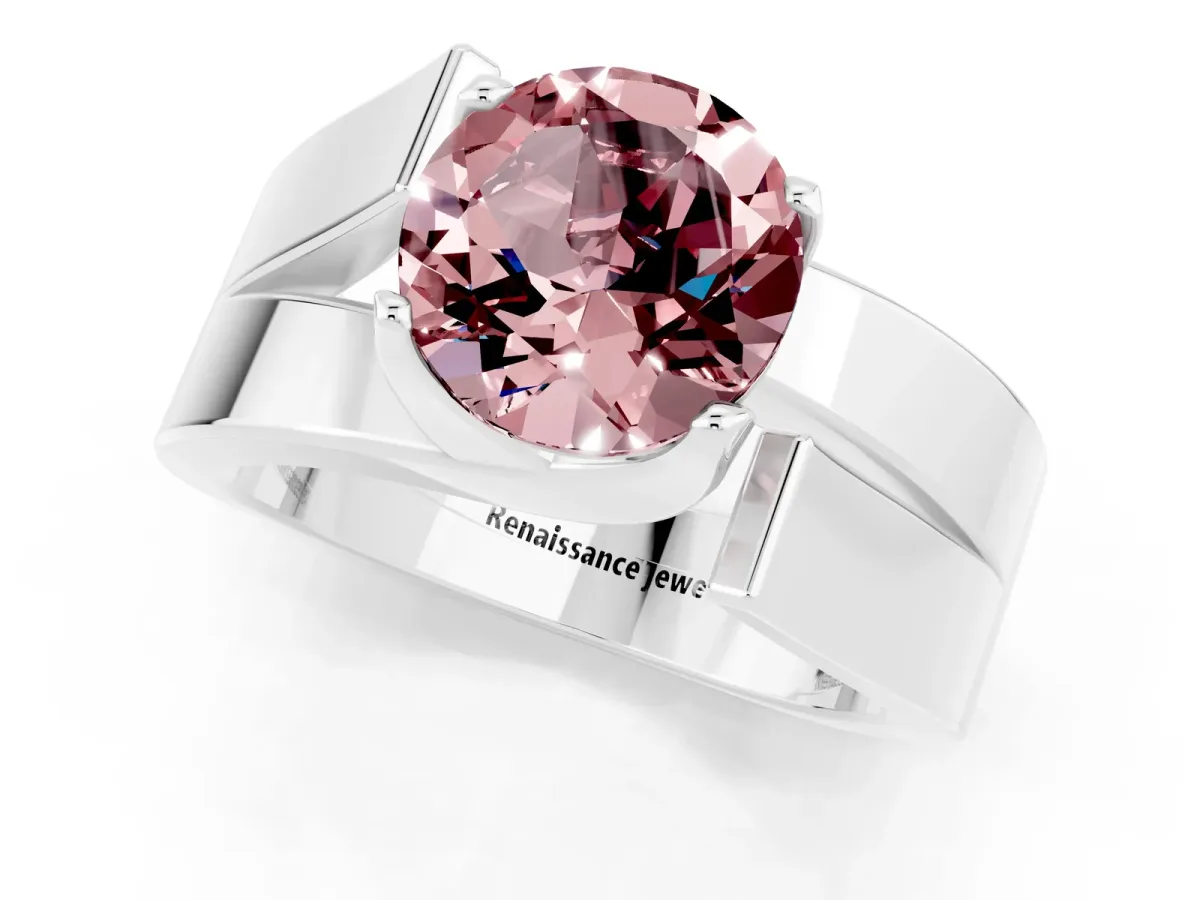 Modern Tension Set Round Cut Morganite Solitaire Wide Band Ring Platinum
