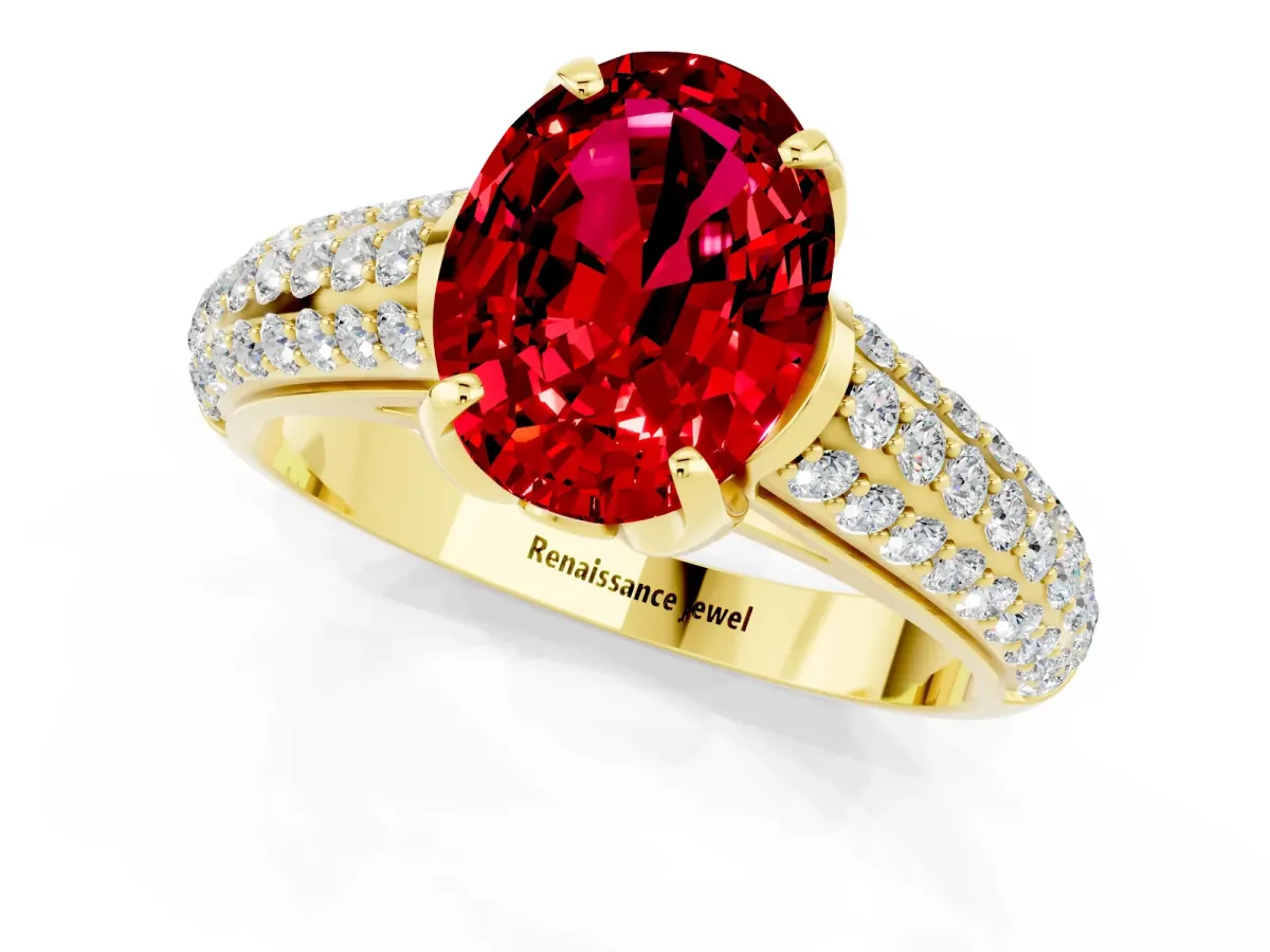 Oval Cut Ruby Solitaire Ring with Three-Row Pavé Band and Four-Prong Setting Yellow gold