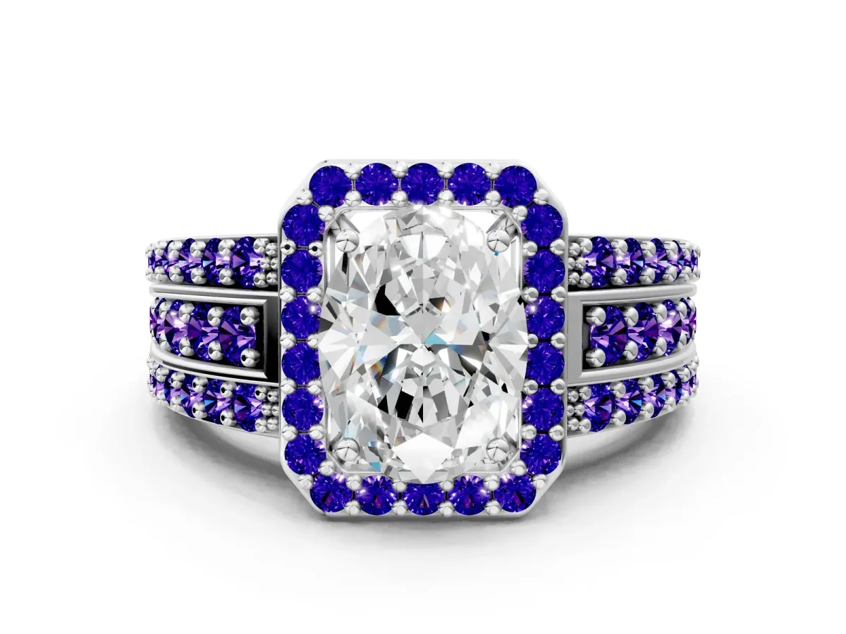 Oval Cut Halo Diamond Ring with Round Tanzanite Split Shank and Prong Setting Platinum