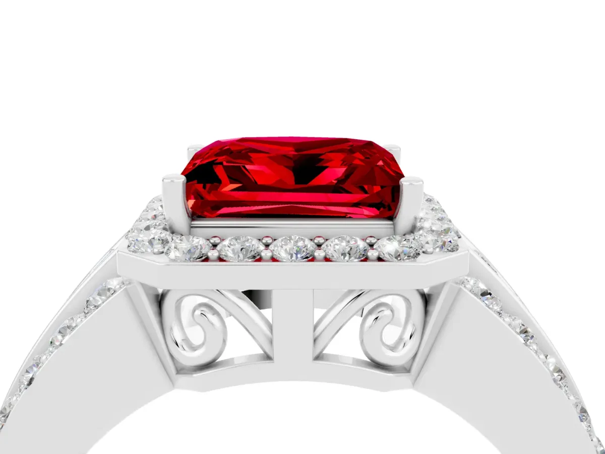 Princess Cut Halo Ruby Ring with Round Split Shank and Prong Setting White gold