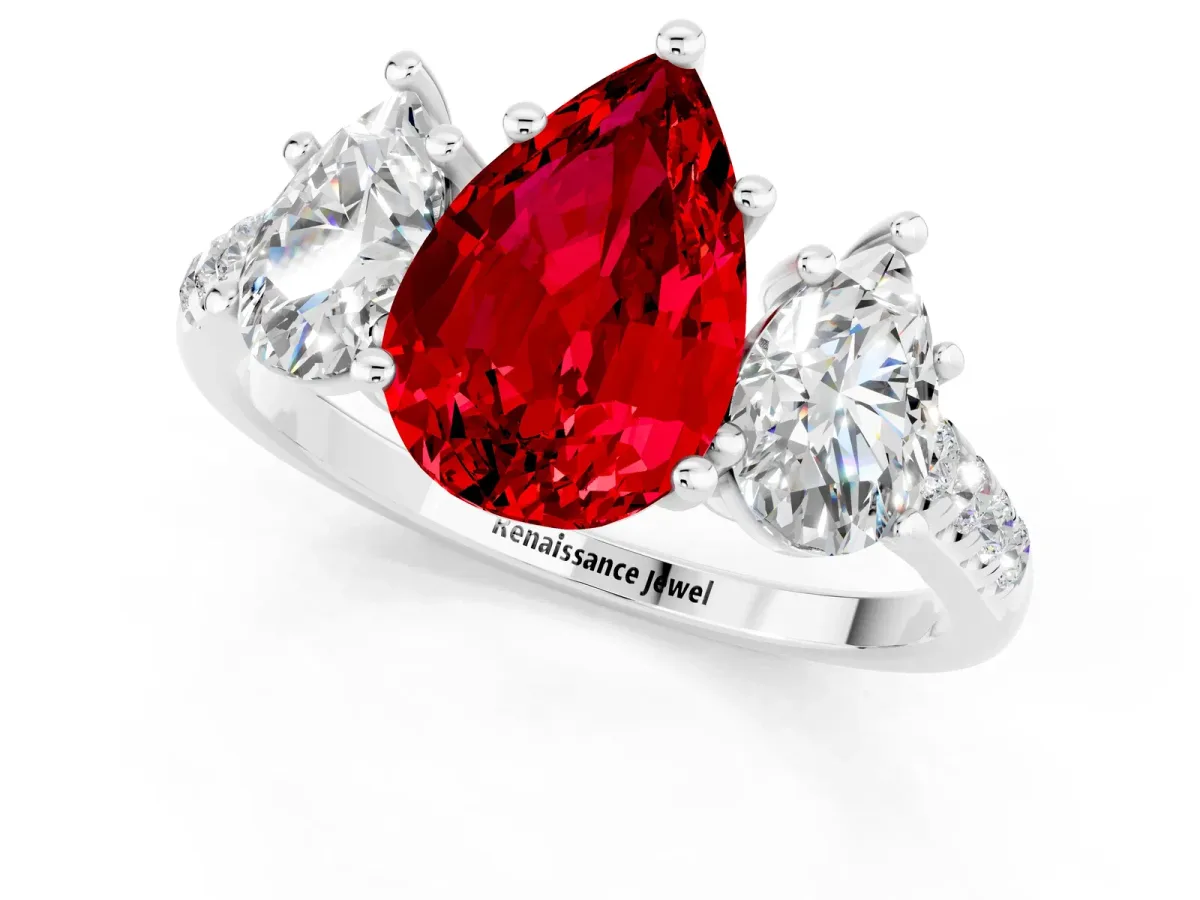 Three-Stone Pear Cut Ruby Ring with Round Pavé Band and Prong Setting Silver