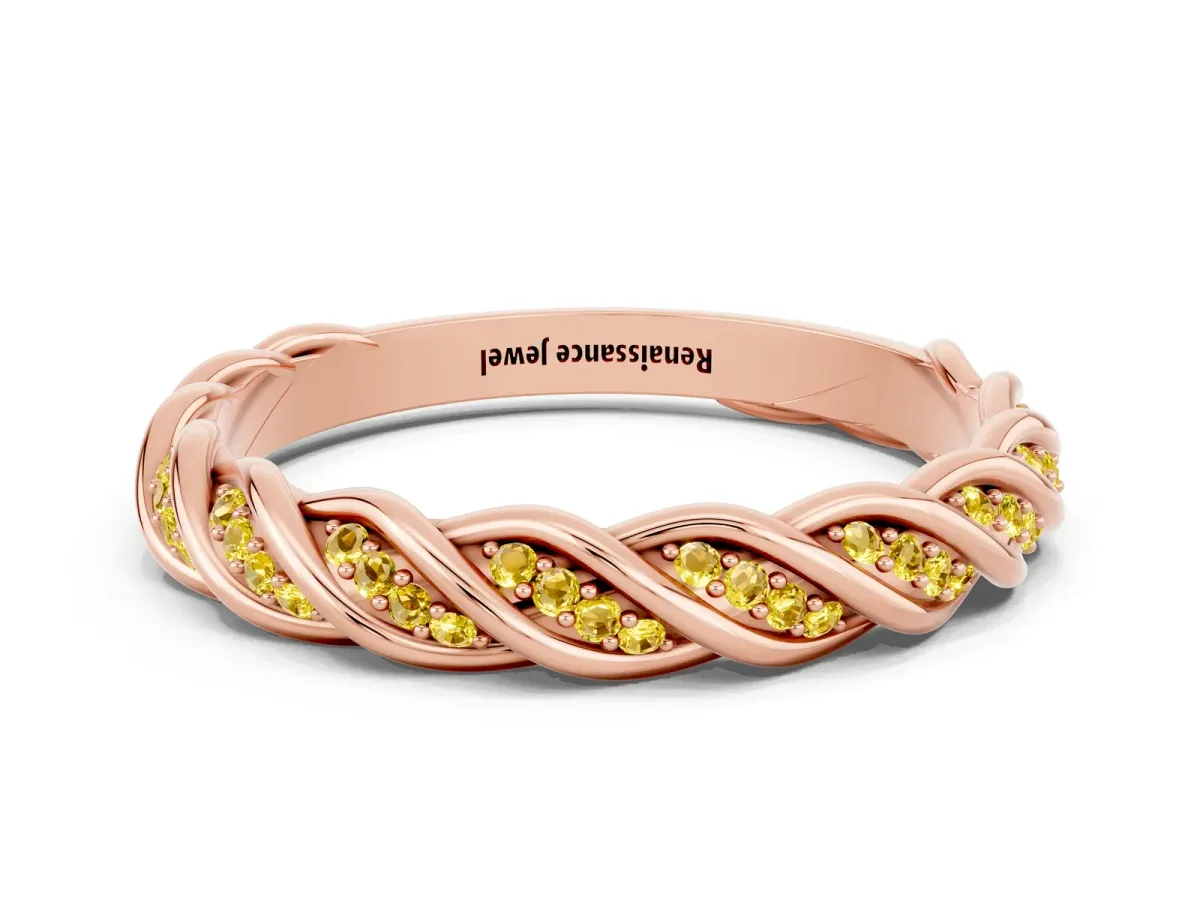 Twisted Pavé Round Yellow Sapphire Eternity Band with Shared Prong Setting Rose gold