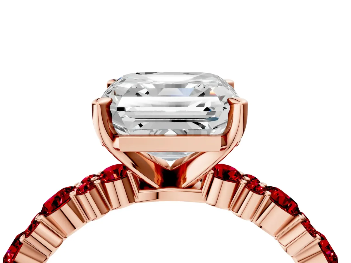 Asscher Cut Diamond Side Stone Solitaire Ring with Round Ruby and Four-Prong Setting Rose gold