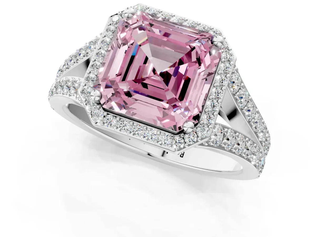 Fancy Pink Asscher Cut Diamond Split Shank Halo Ring with Four-Prong Setting Platinum