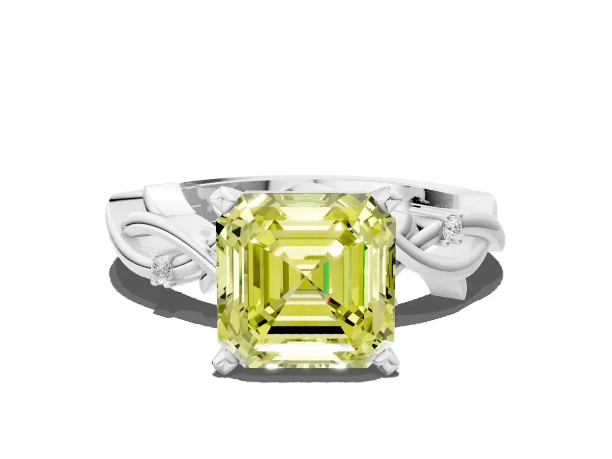 Fancy Yellow Asscher Cut Diamond Solitaire Ring with Twisted Band and Prong Setting Silver