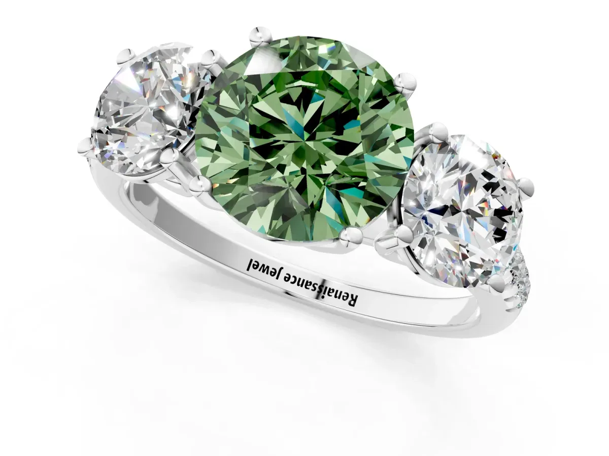 Fancy Green Three-Stone Round Cut Diamond Ring with Round Pavé Band and Prong Setting Silver
