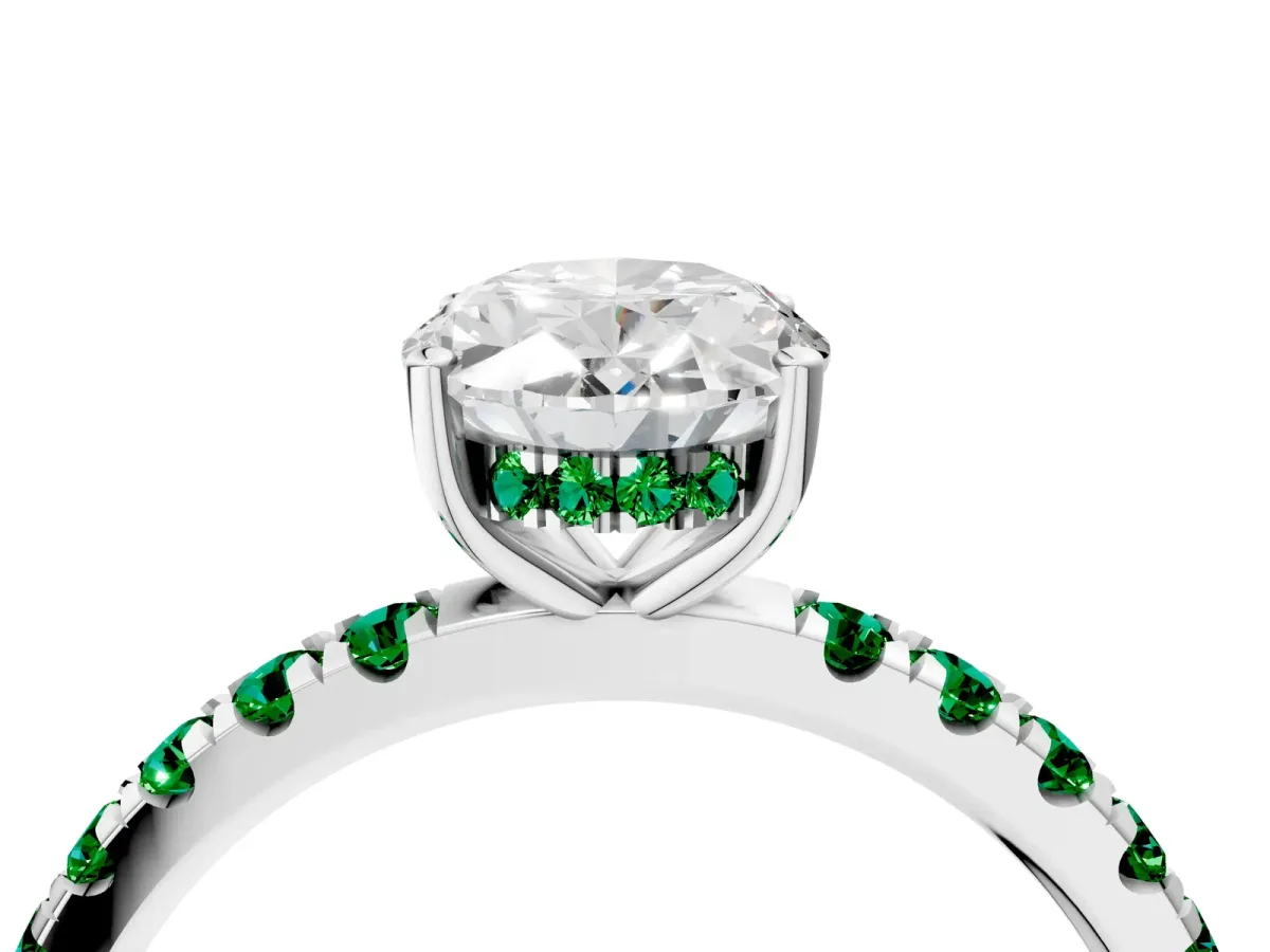 Oval Cut Diamond Pave Band Solitaire Ring with Round Emerald and Prong Setting Silver
