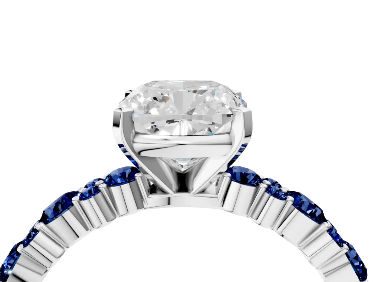 Cushion Cut Diamond Side Stone Solitaire Ring with Round Blue Sapphire and Four-Prong Setting Silver