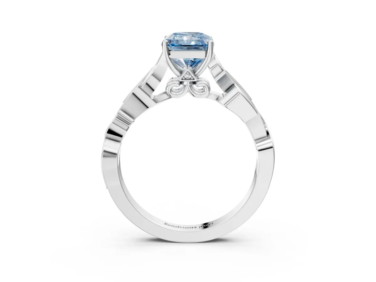 Fancy Blue Radiant Cut Solitaire Vine Band with Milgrain Prong Setting Platinum