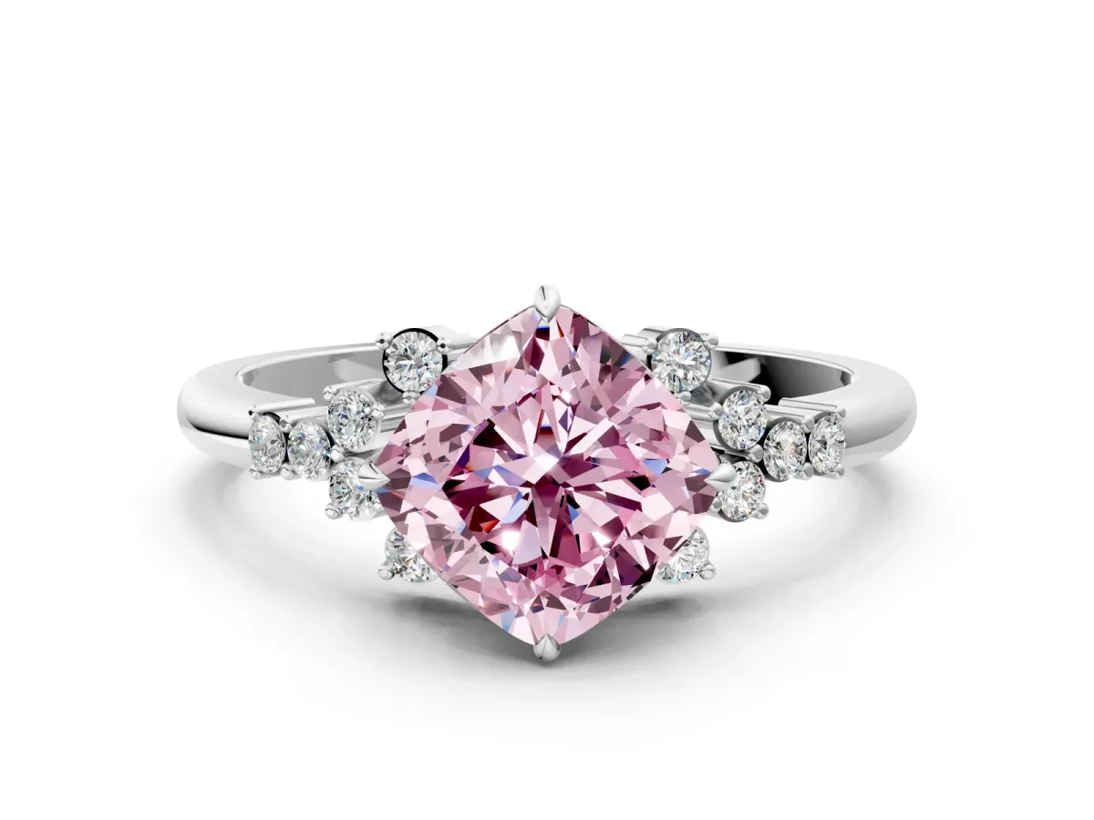 Fancy Pink Cushion Cut Diamond Ring with Side Stones and Four-Prong Setting Silver