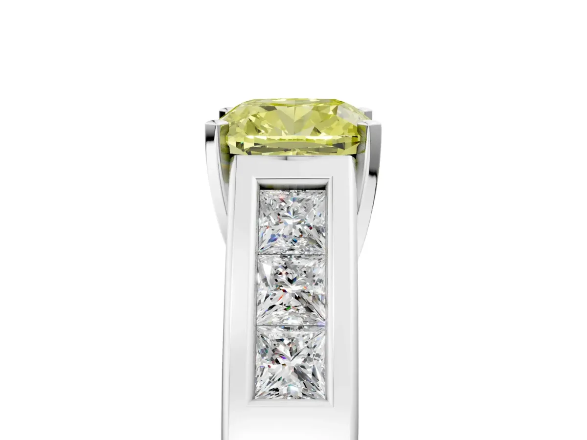 Fancy Yellow Cushion Cut Cut Channel Set Solitaire Ring with Four-Prong Setting White gold