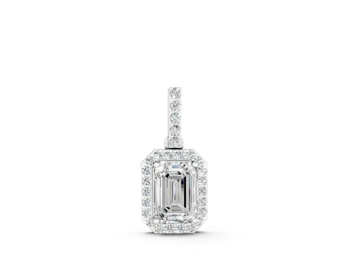 Emerald Cut Halo Diamond Pendant with Prong Setting Silver