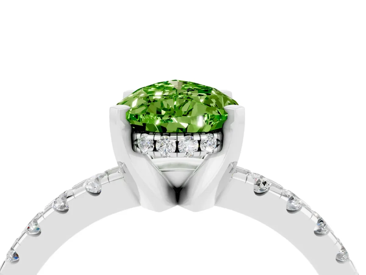 Pear Cut Peridot Solitaire Ring with Round Pavé Band and Four-Prong Setting Silver