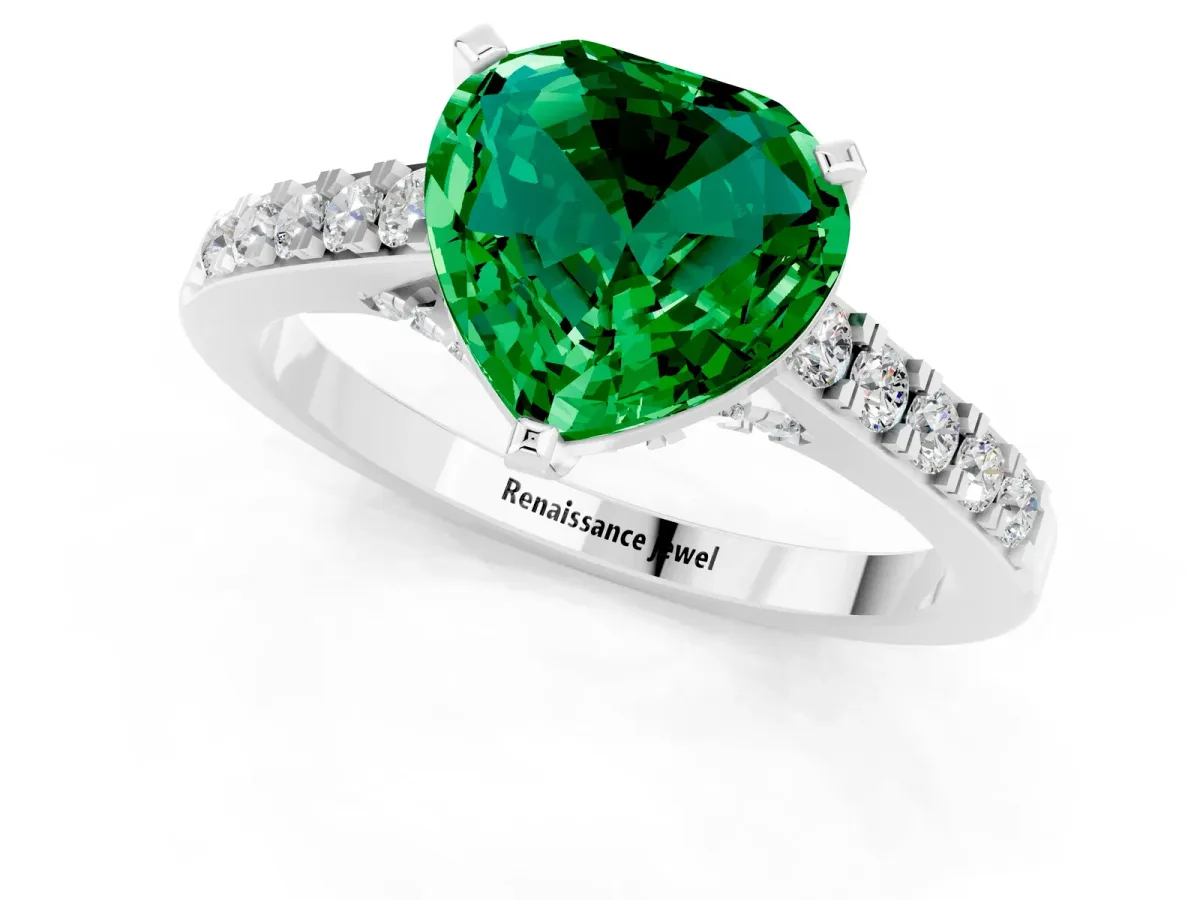 Heart Cut Emerald Solitaire Ring with Crossover Gallery and Round Pavé Band Silver