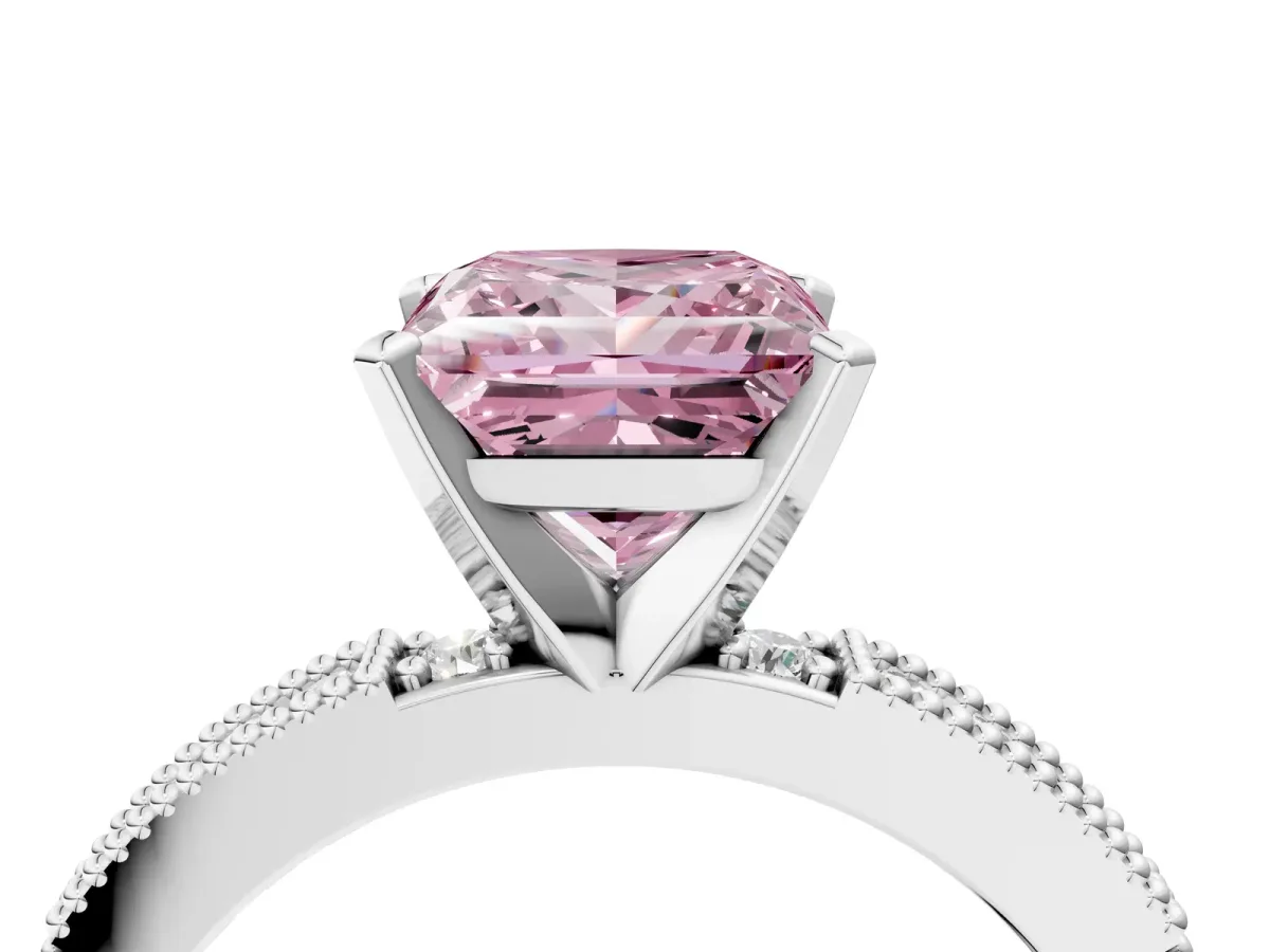 Fancy Pink Princess Cut Solitaire with Pavé Band and Four-Prong Setting Silver