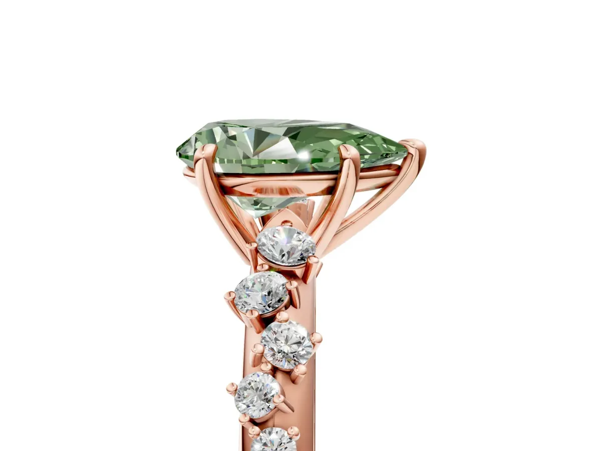 Fancy Green Pear Cut Diamond Cluster Side Stone Solitaire Ring with Prong Setting Rose gold