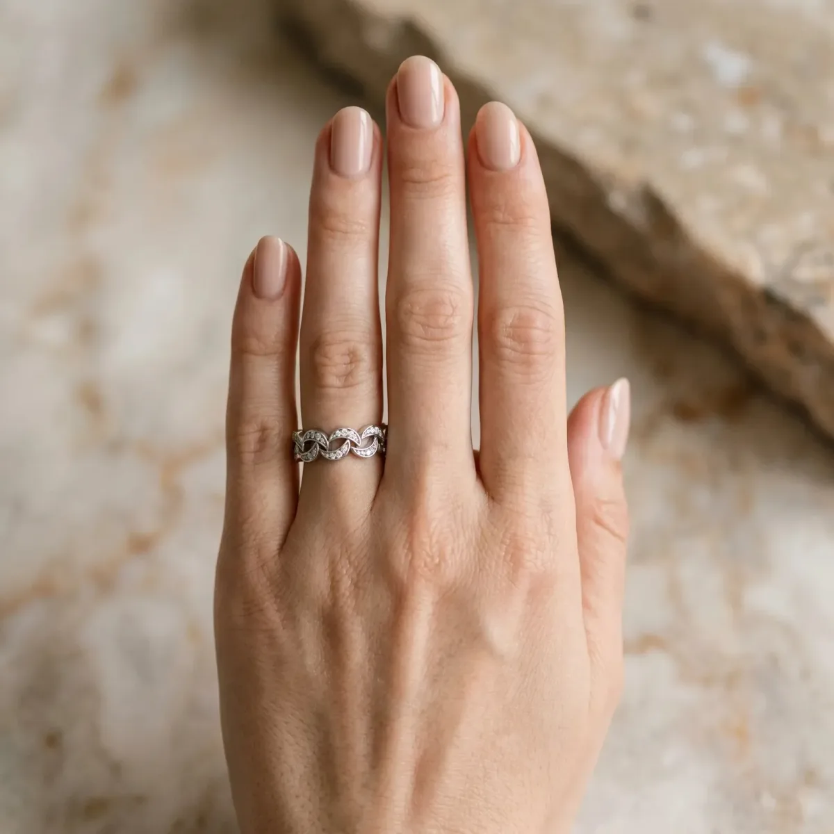 Pavé Round Diamond Interlocking Eternity Band with Bezel Prong Setting Silver
