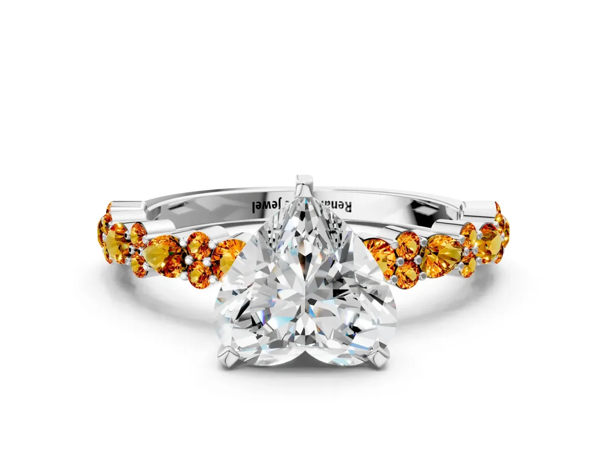 Heart Cut Diamond Side Stone Solitaire Ring with Round Citrine and Four-Prong Setting Platinum