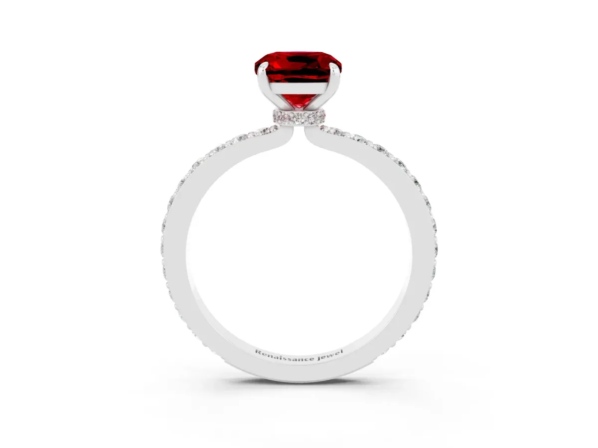 Cushion Cut Ruby Solitaire Engagement Ring with Pavé Band and Four-Prong Setting Silver