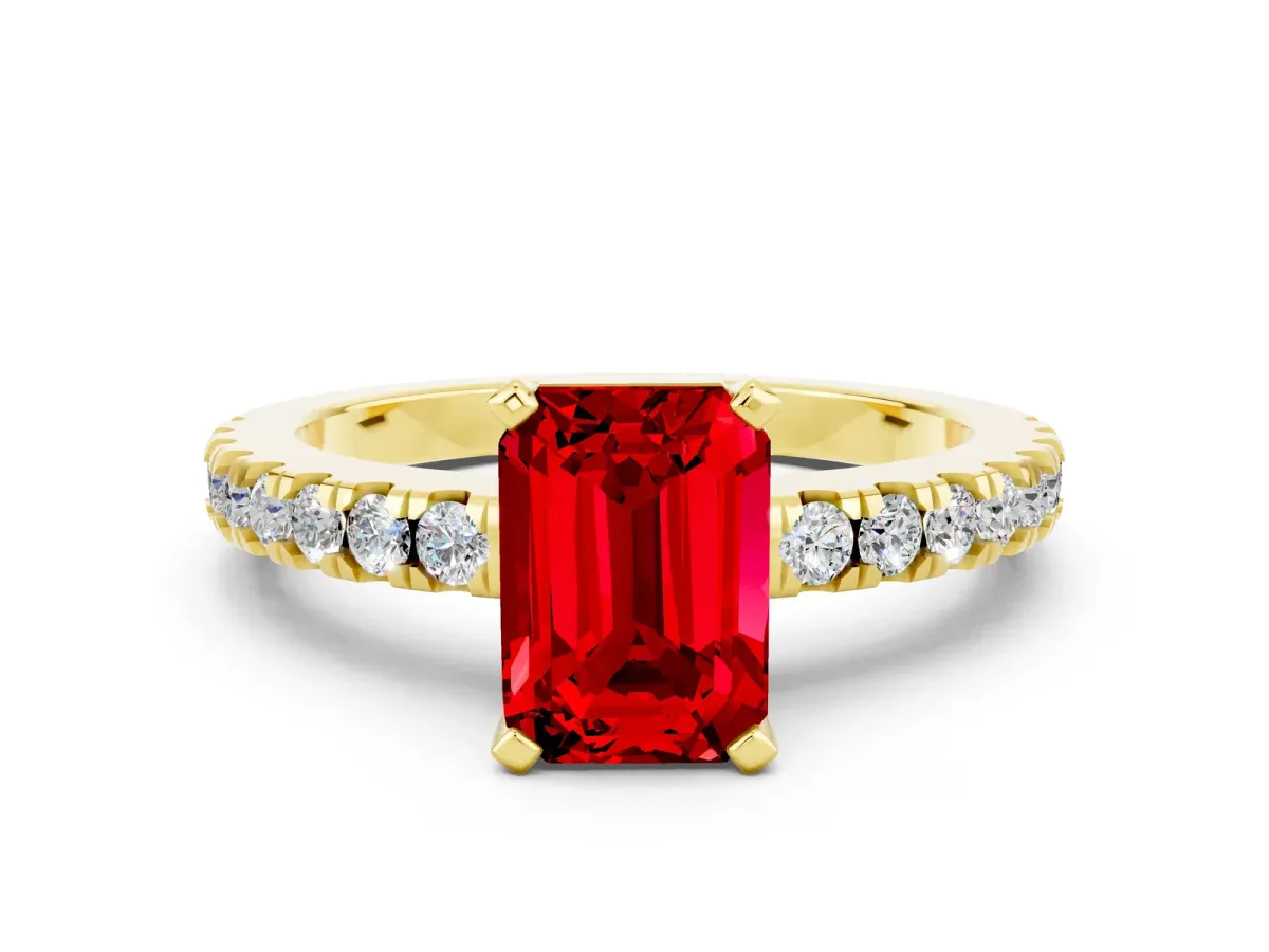 Emerald Cut Solitaire Ruby with Pavé Band and Four-Prong Setting Yellow gold