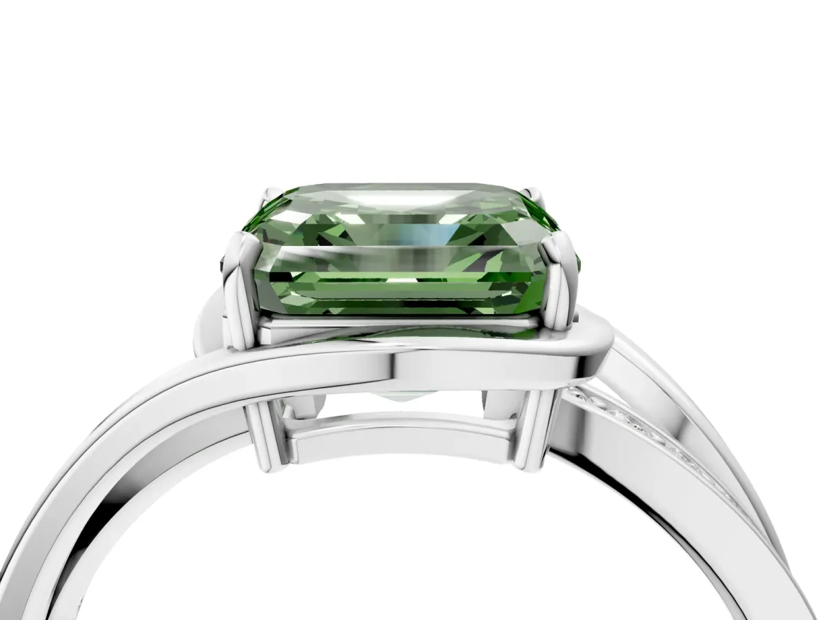 Fancy Green Asscher Cut Diamond Solitaire Ring with Split Shank and Prong Setting Platinum