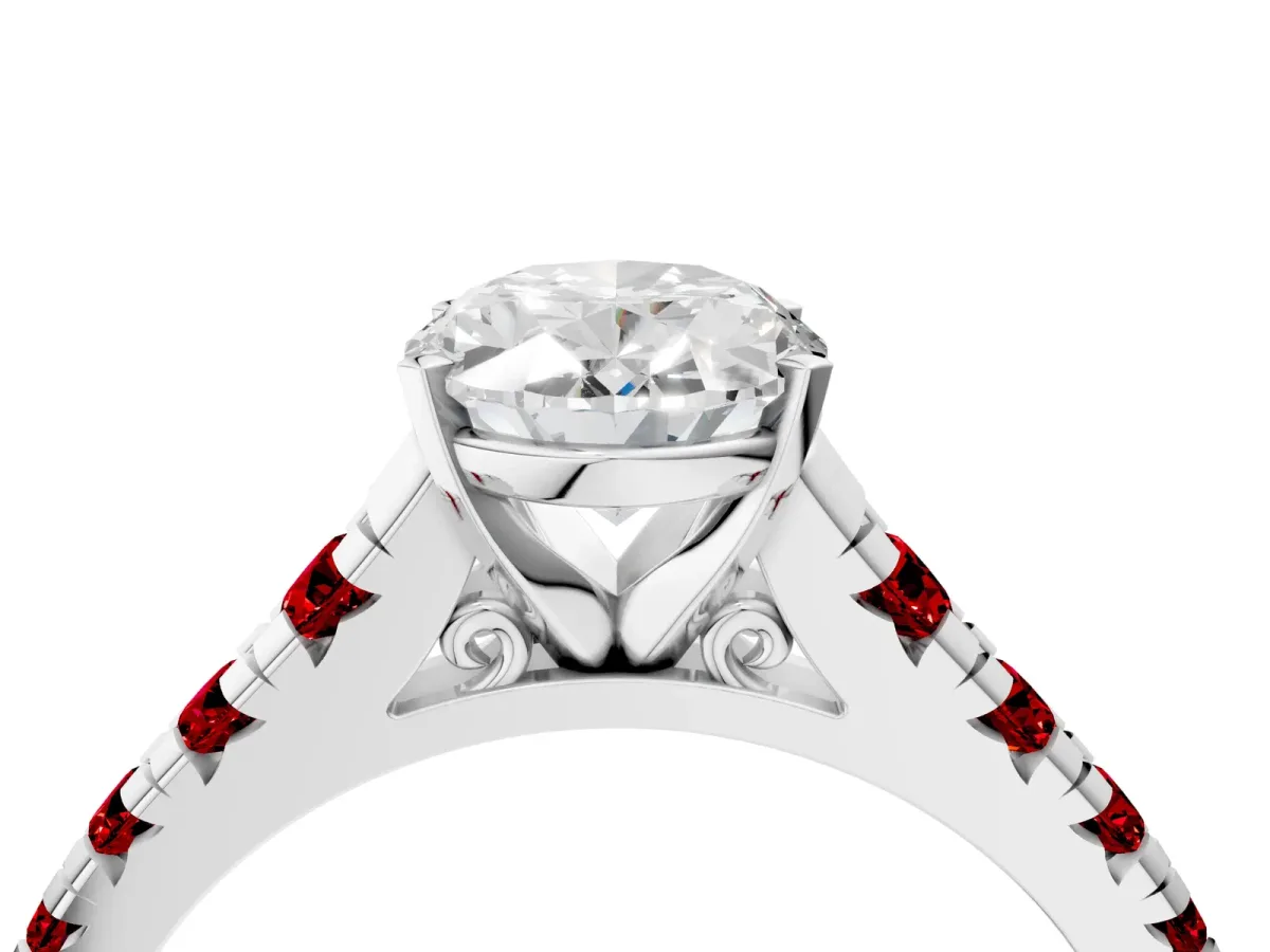 Oval Cut Diamond Cathedral Solitaire Ring with Round Ruby Pavé Band Silver