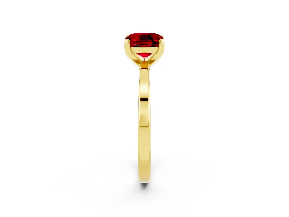 Cushion Cut Ruby Solitaire Engagement Ring with Classic Band and Four-Prong Setting Yellow gold