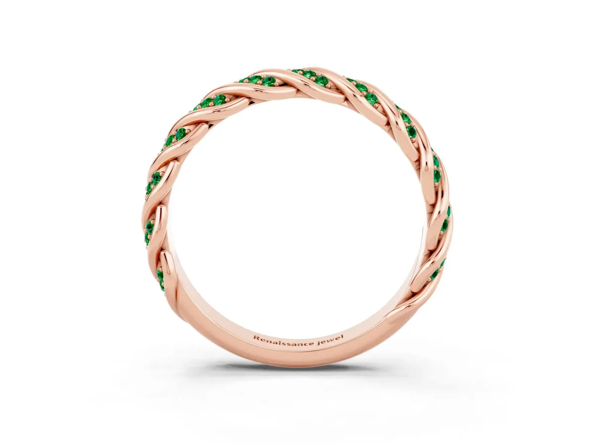Twisted Pavé Round Emerald Eternity Band with Shared Prong Setting Rose gold