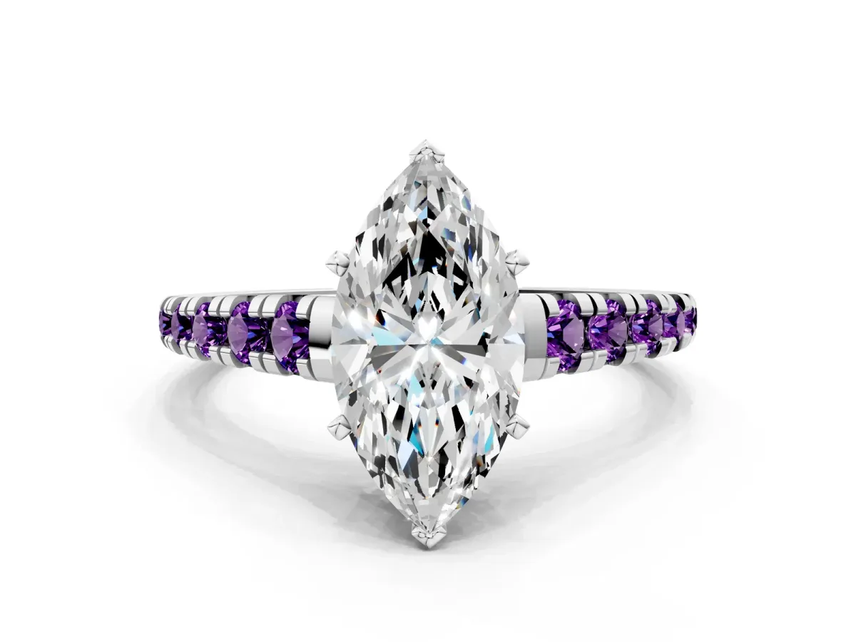 Marquise Cut Diamond Cathedral Solitaire Ring with Round Amethyst Pavé Band Silver