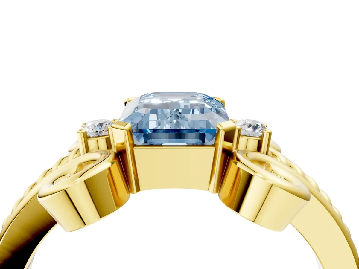 Fancy Blue Emerald Cut Solitaire Twisted Band Scroll Prong Ring Yellow gold