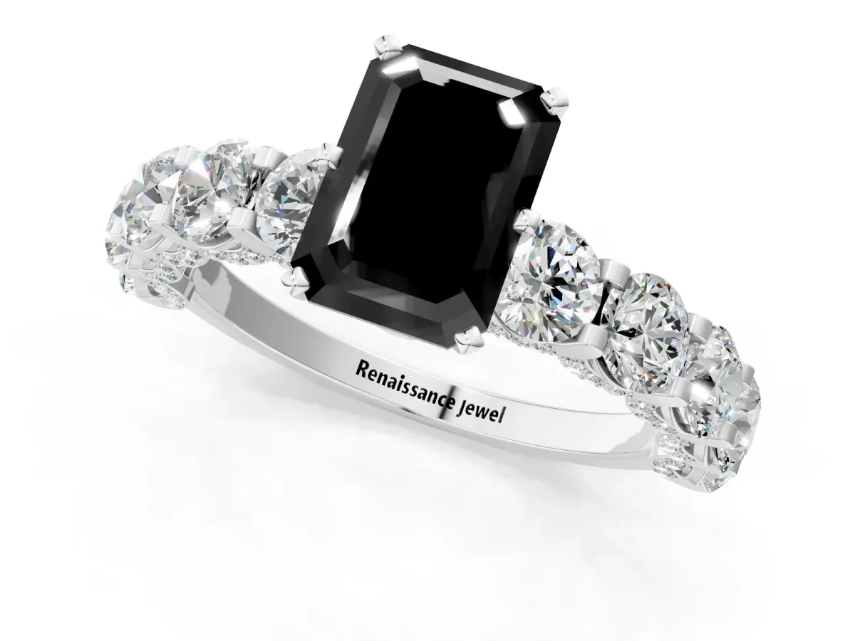 Fancy Black Emerald Cut Diamond Side Stone Engagement Ring with Four-Prong Setting White gold