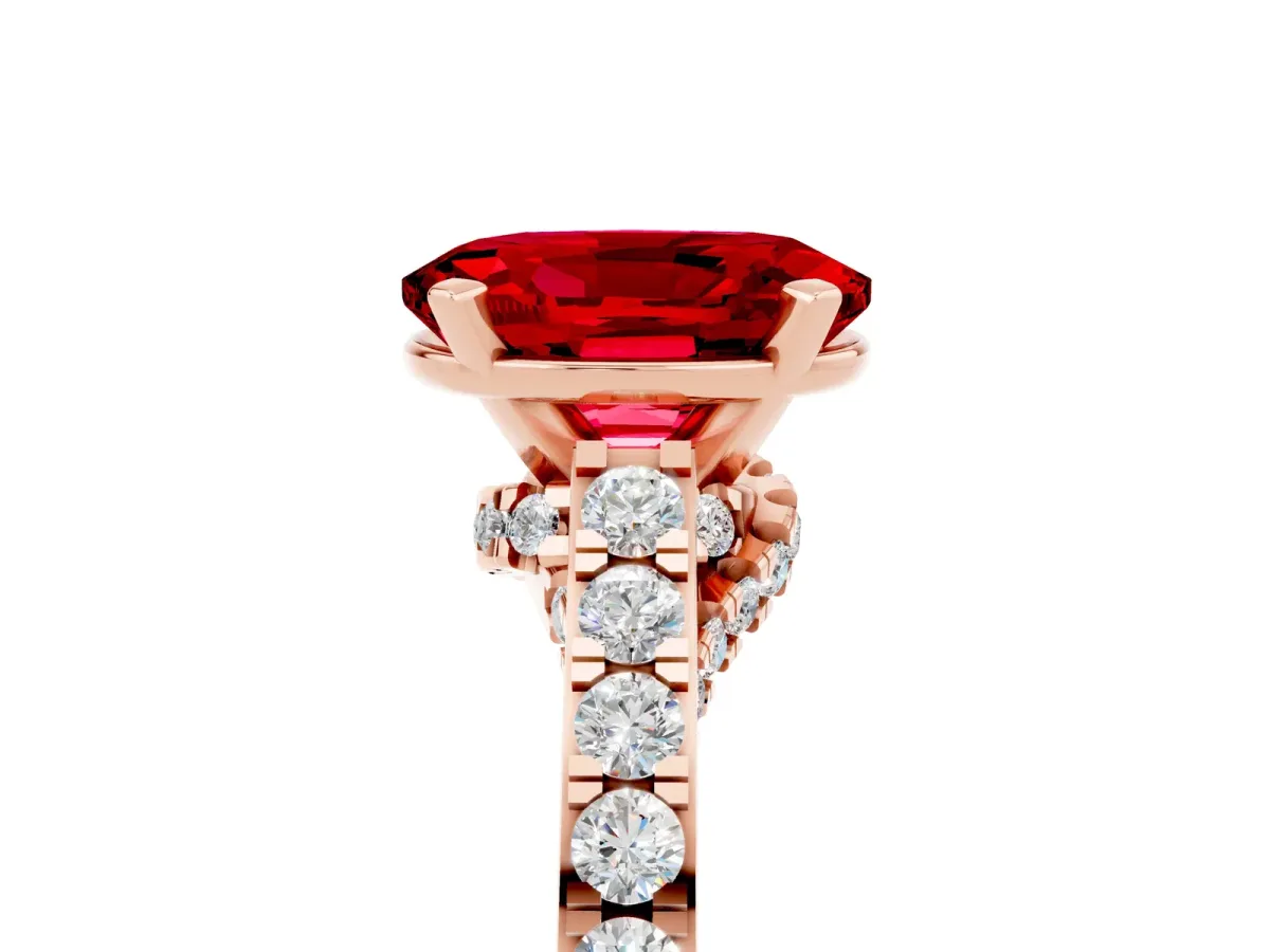 Oval Cut Ruby Solitaire Ring with Crossover Gallery and Round Pavé Band Rose gold